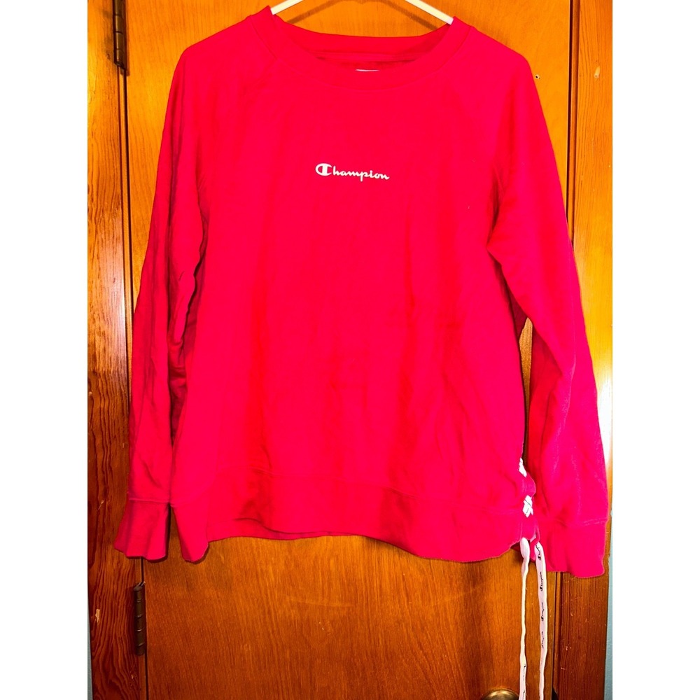 Champion Pullover Sweatshirt Women Size XL Red Long Sleeve Crew Neck String Ties